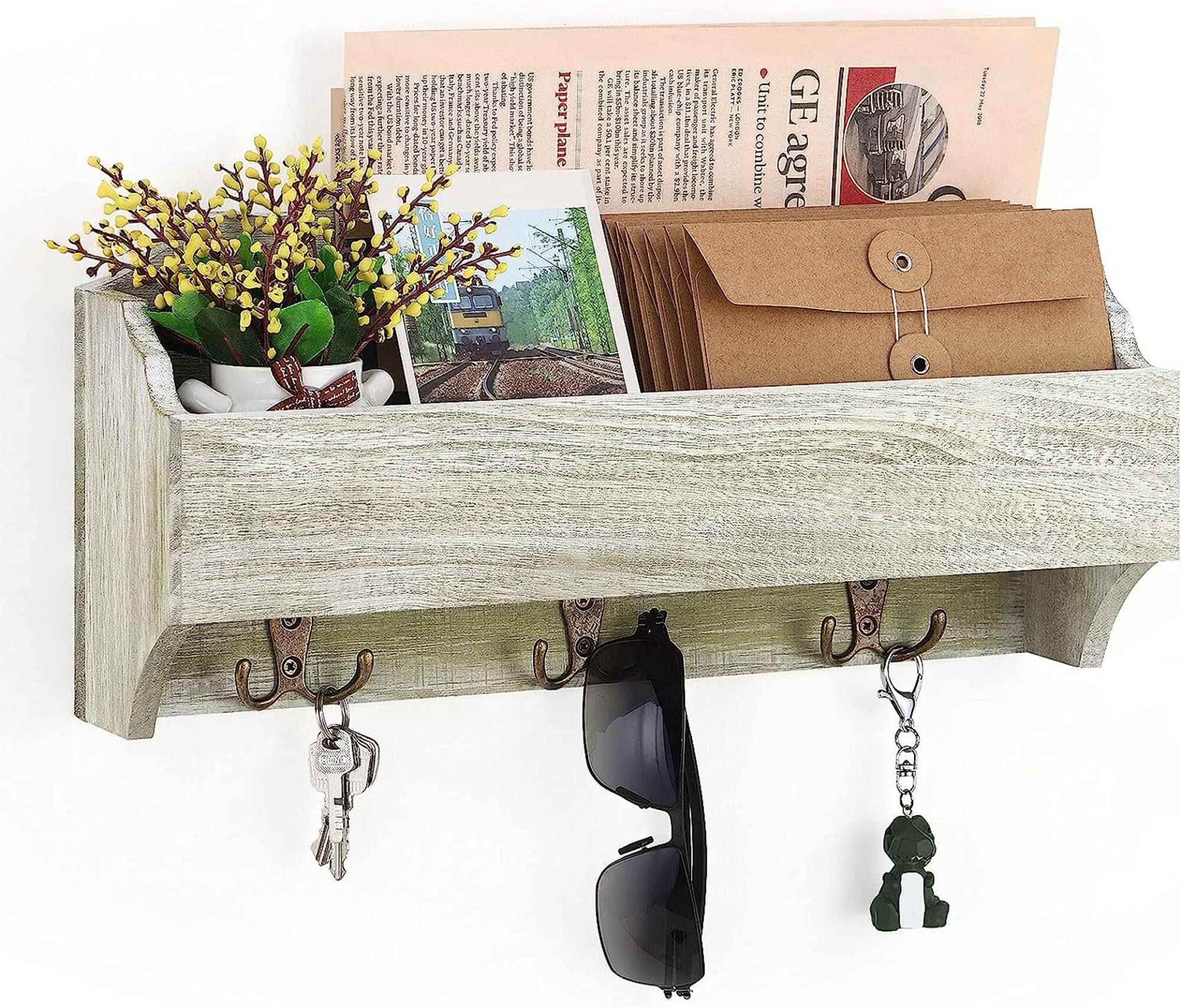 NEX™ Olive Green Wall-Mounted Wooden Key Rack with 3 Double Key Hooks